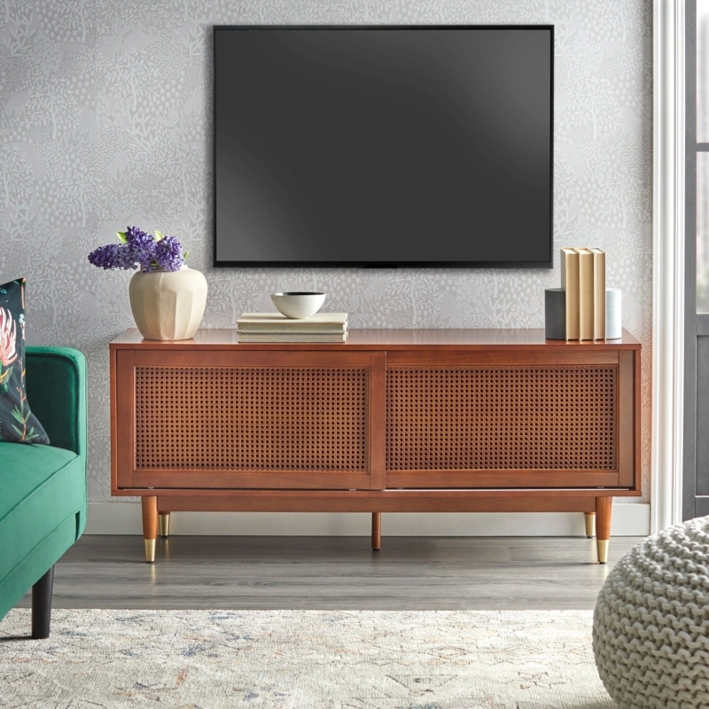 Woven Cane Sliding Door TV Stand with Tapered Legs