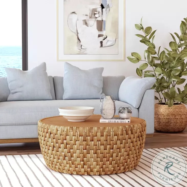 Woven Drum Coffee Table, Rattan with Wood Top for Coastal Decor