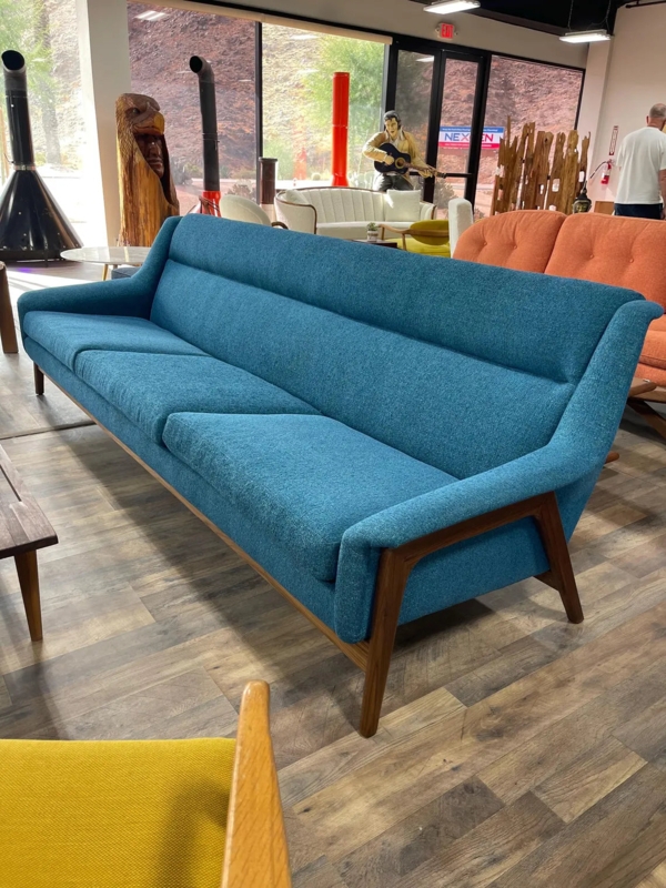 Woven Fabric Sofa, Teal, Wrap-Around Back, Exposed Wood Frame