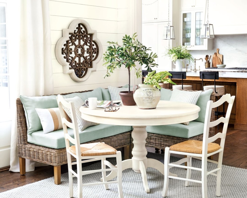 Woven Rattan Corner Bench Nook with Sage Green Cushions