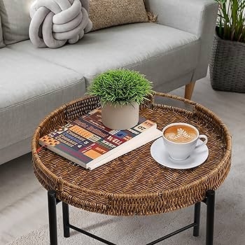 Woven Tray Top End Table, Removable Rattan, Black Metal Legs