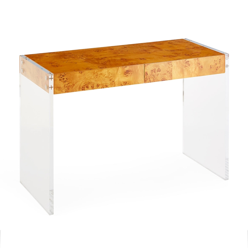 Writing Desk Burl Wood Acrylic Leg Modern Glam Home Office