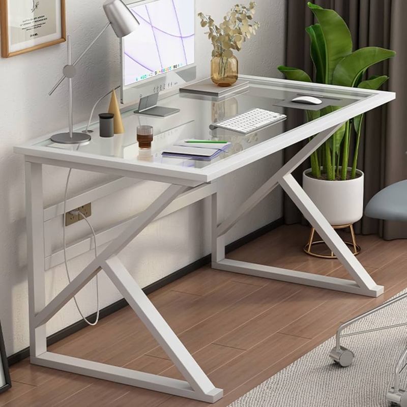 Writing Desk Geometric White Base Clear Glass Top Architectural Legs