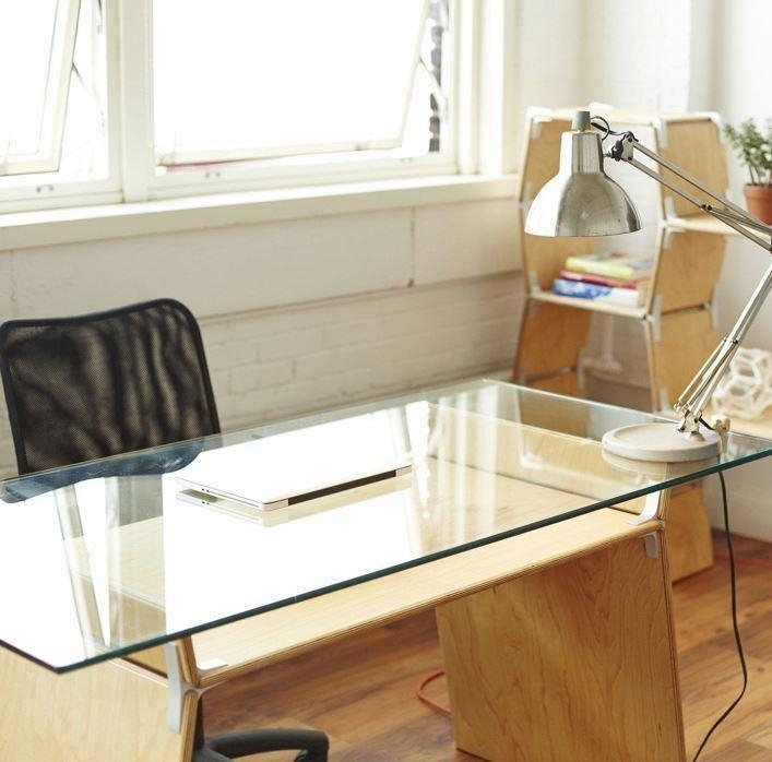 Writing Desk Glass Top Exposed Plywood Edge Geometric Base Scandi
