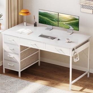 Writing Desk Gloss White Built-In Headphone Hook Glass Top Storage