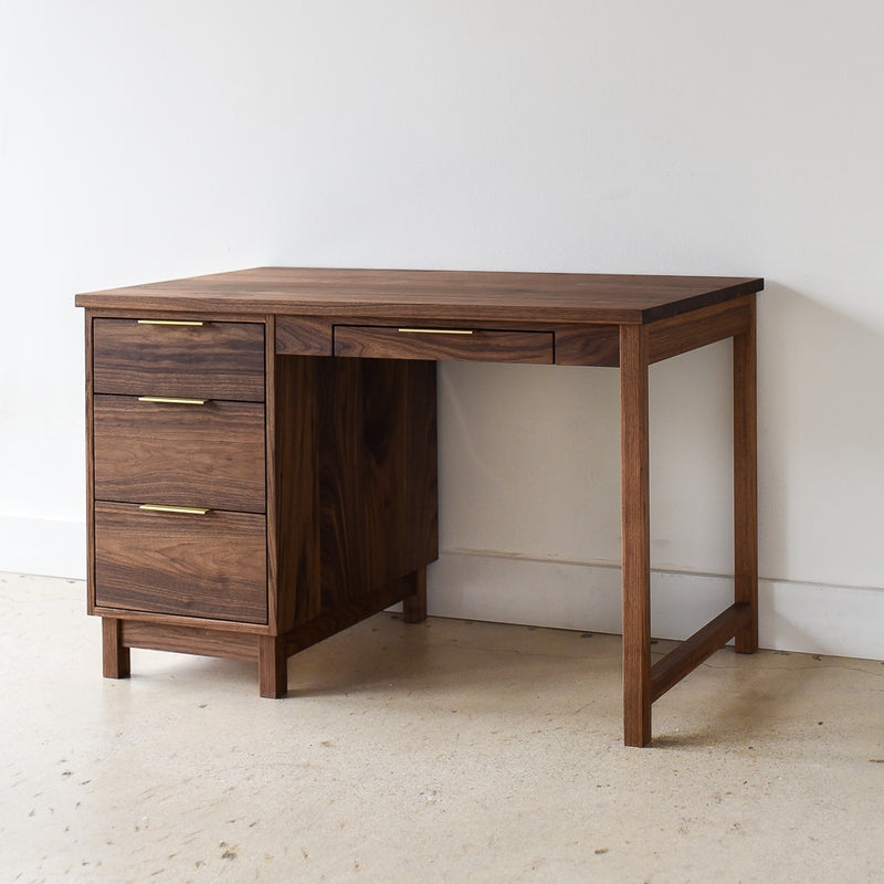Writing Desk Gold Hardware Walnut Finish Asymmetrical Drawers Mid-Century