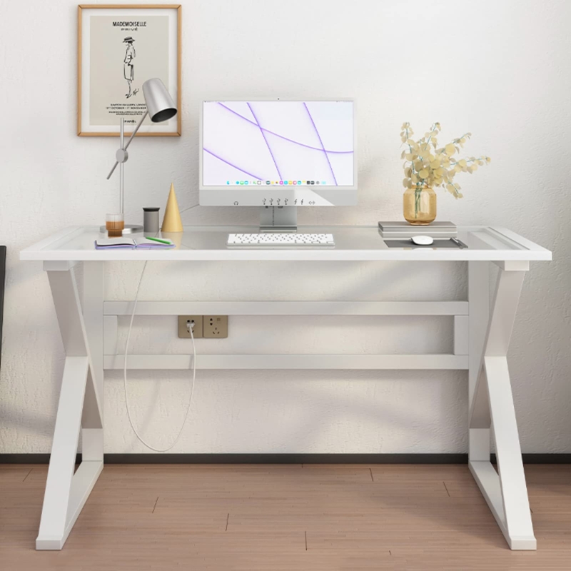 Writing Desk Integrated Outlets White Frame Glass Top X-Frame Legs