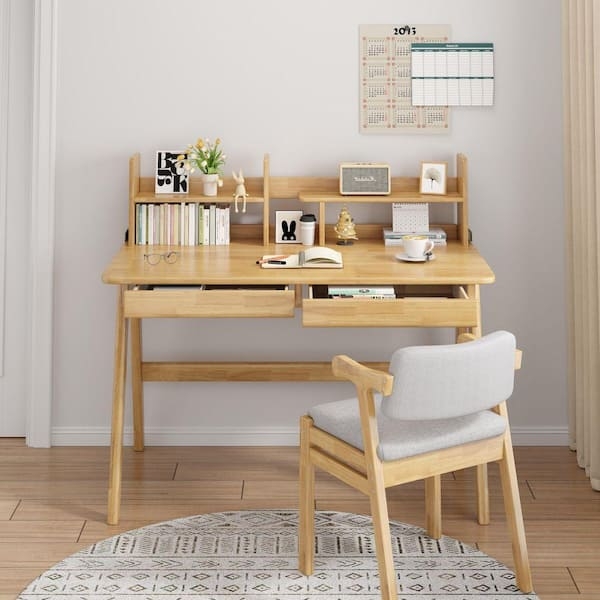 Writing Desk Light Wood Beige Hutch Two Drawers Tapered Legs