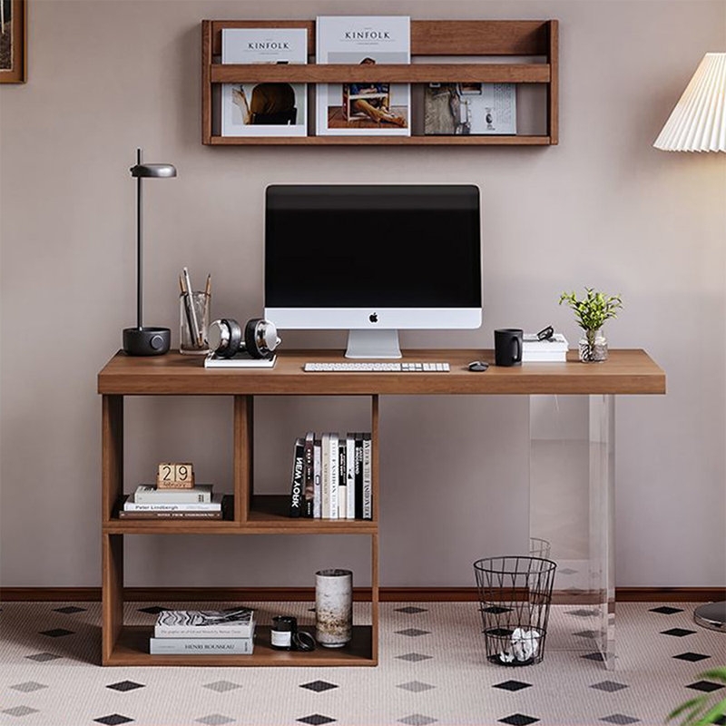 Writing Desk Nut Brown Tiered Shelving Acrylic Leg Integrated Storage
