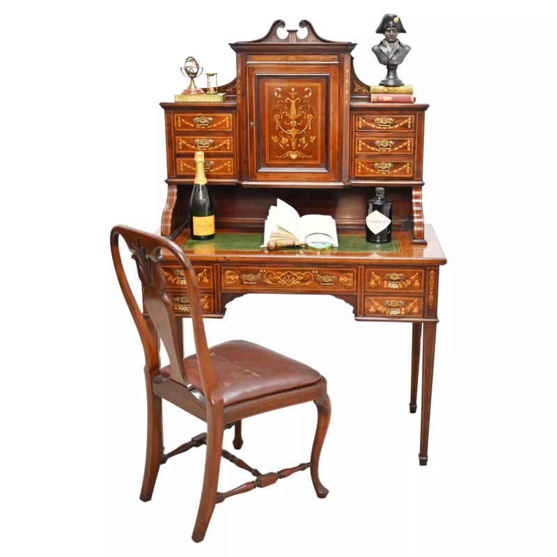 Writing Desk Set Edwardian Mahogany Satinwood Inlay Brass Casters