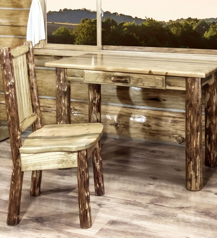 Writing Desk Set with Matching Slat Back Chair, Rustic Lodge Style