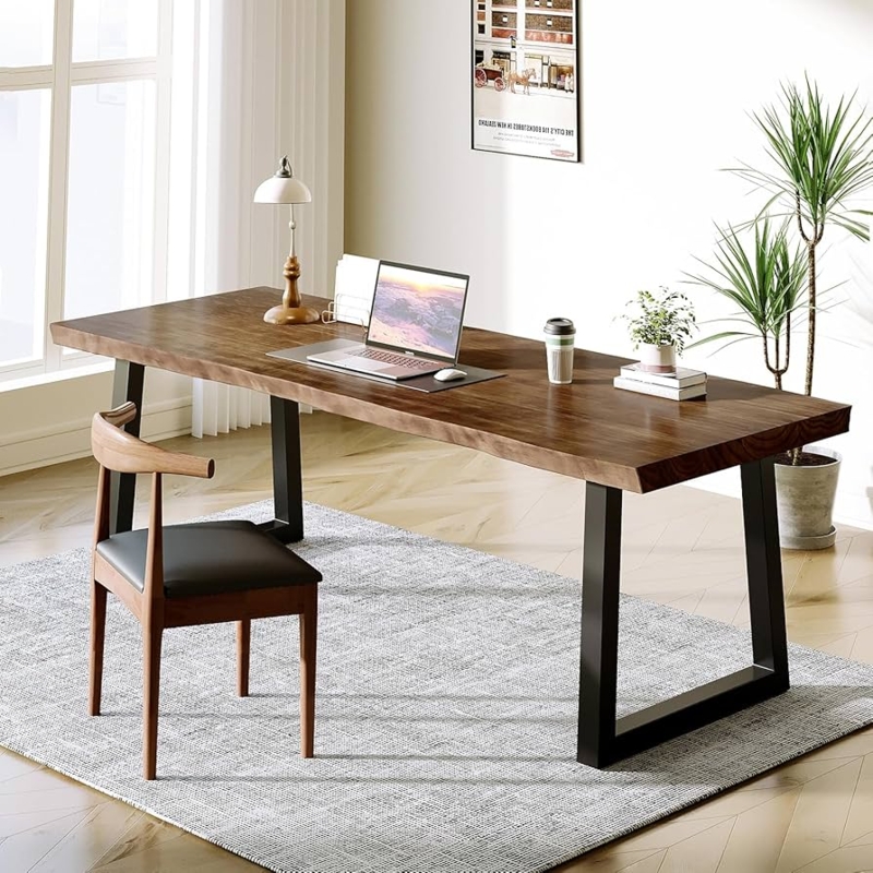 Writing Desk Thick Wood Top U-Frame Metal Legs Industrial Style