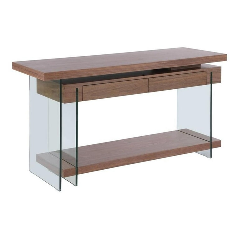 Writing Desk Walnut Finish Glass Side Panels Two Drawers Floating Appearance
