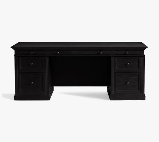Writing Desk with Hutch, Black Finish, Brass Accents