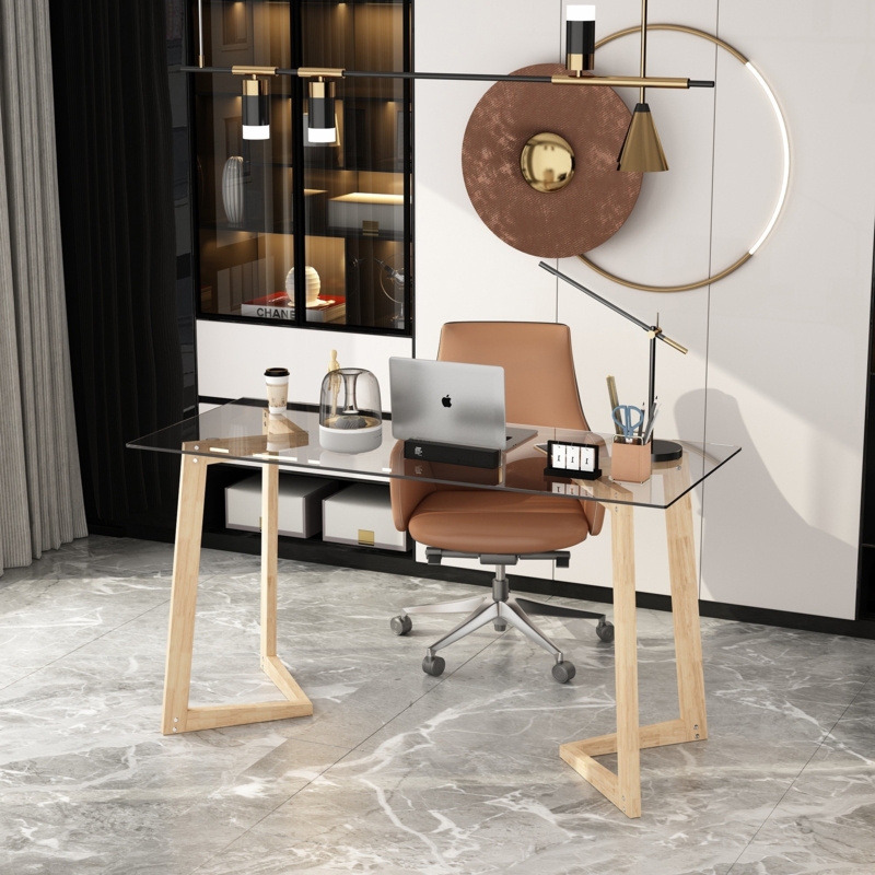 Writing Desk Z-Shaped Legs Clear Glass Top Wood Frame Contemporary