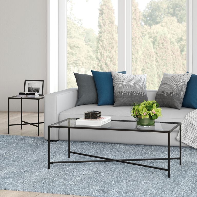 X-Base Coffee Table featuring Slim Black Metal Frame and Glass Top