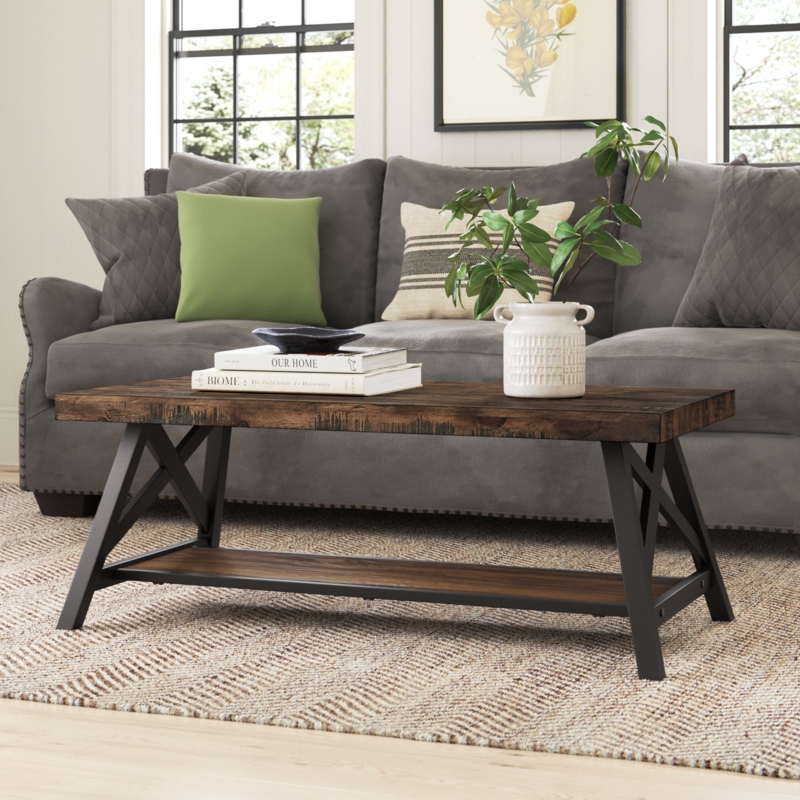 X-Frame Legs Coffee Table Lower Shelf Distressed Wood Finish Rustic