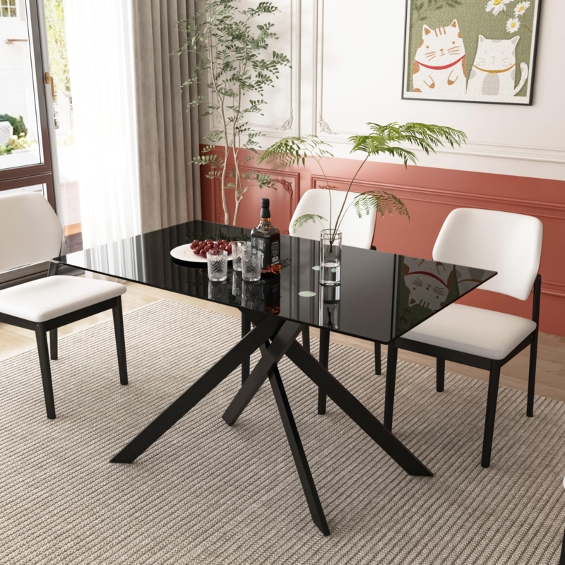 X-Shaped Base Dining Table Black Glass Top Modern Metal Design
