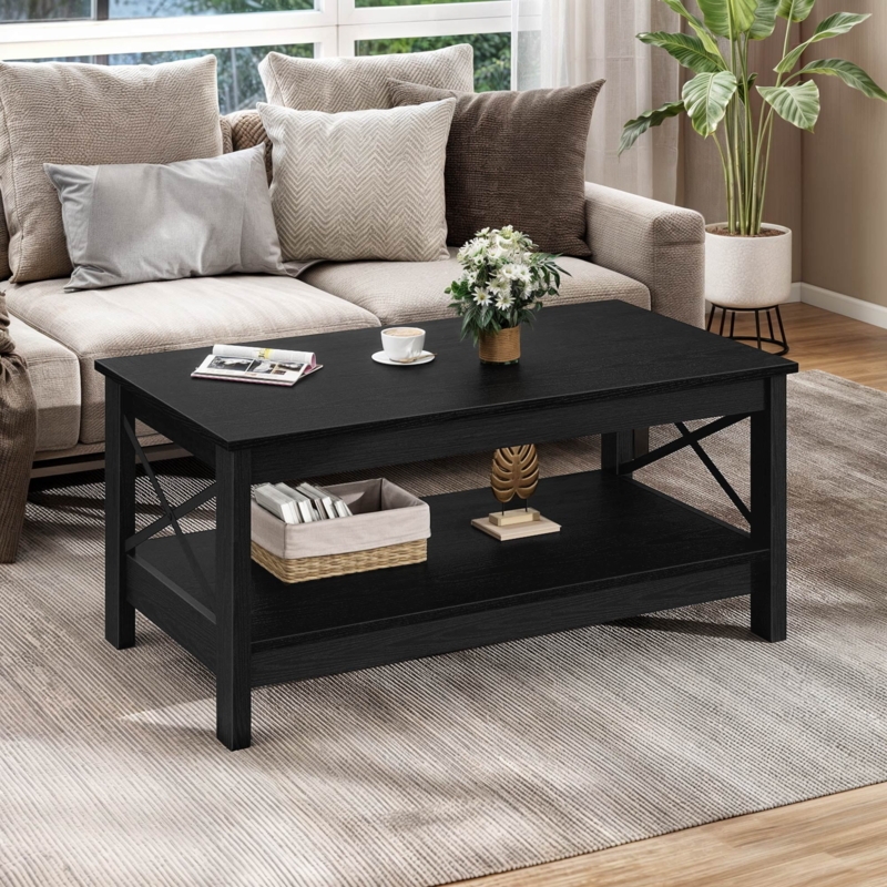 X-Side Panels Coffee Table Two-Tier Design Matte Finish Lower Shelf