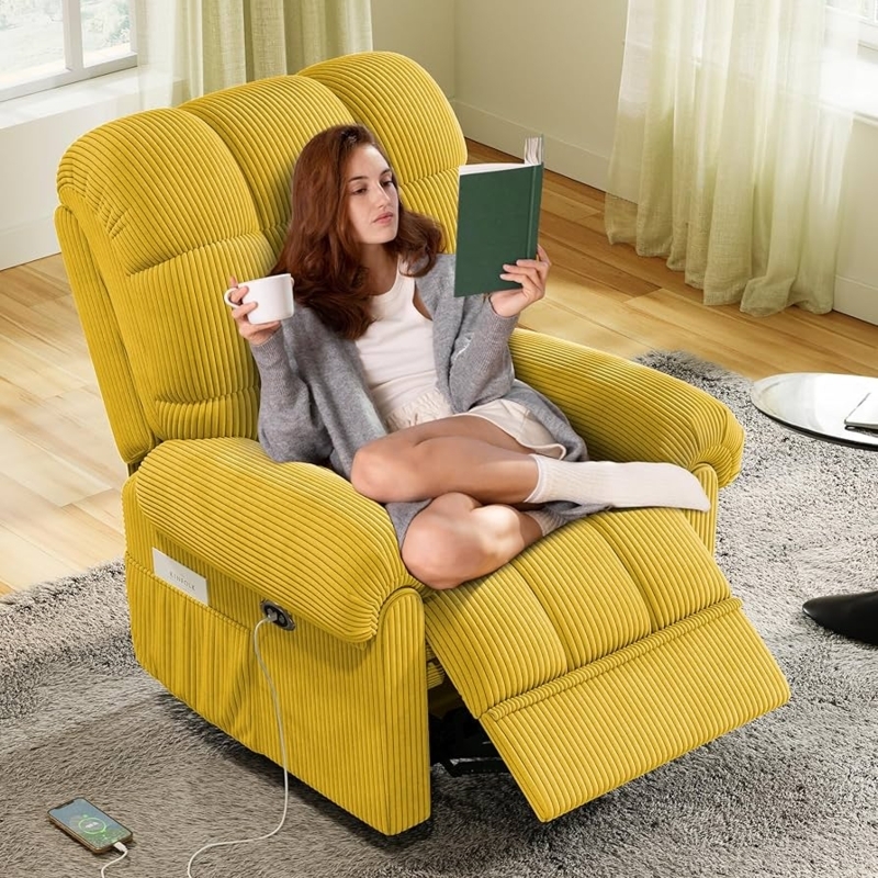 Yellow Corduroy Power Recliner with Built-in USB Port
