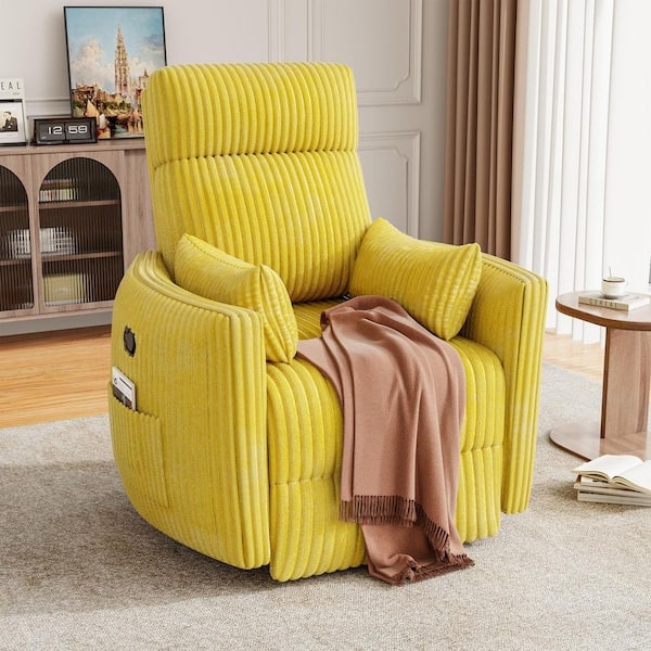 Yellow Corduroy Swivel Rocking Recliner with Side Pockets