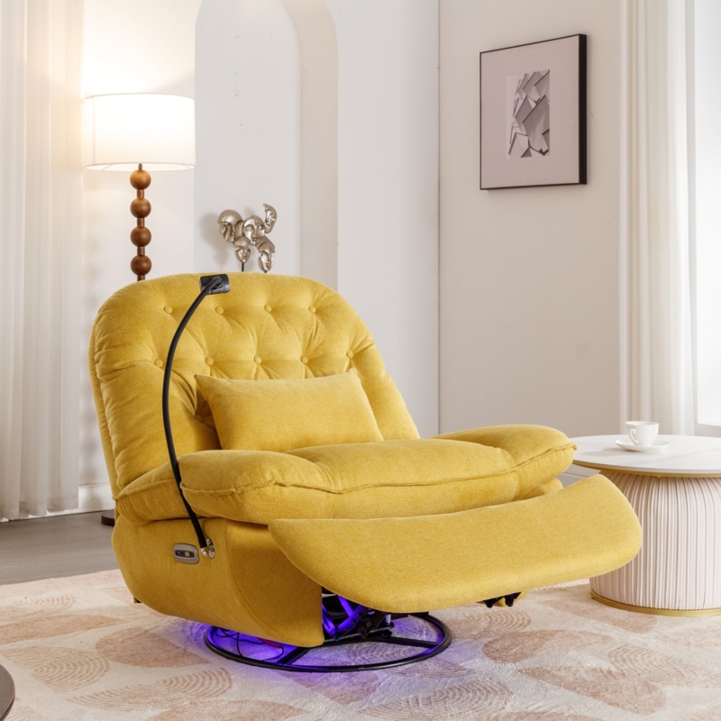 Yellow Tufted Power Recliner, LED Base & Device Holder