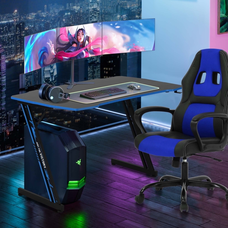 Z-Shaped Gaming Desk Black with Blue Edge Trim and Headphone Hook