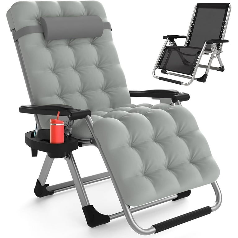 Zero Gravity Chair Folding Gray Tufted Cushion Cup Holder Tray.