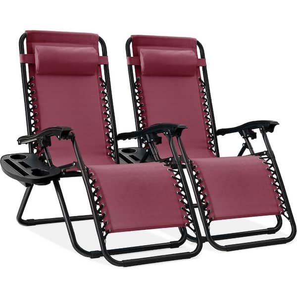 Zero Gravity Chair Set Burgundy Woven Fabric with Integrated Trays