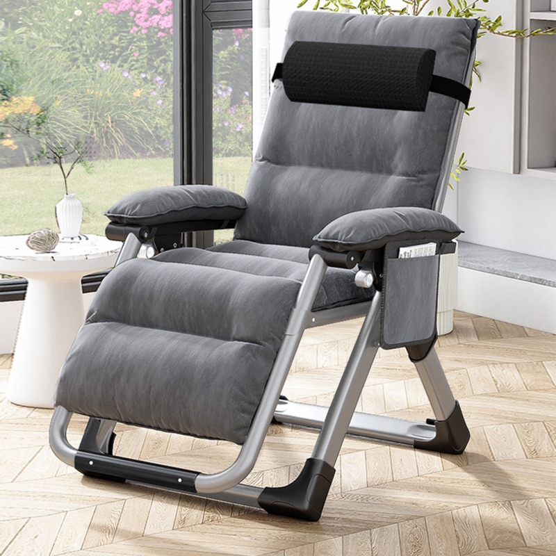 Zero Gravity Chair with Tufted Gray Cushion & Integrated Storage Pouch