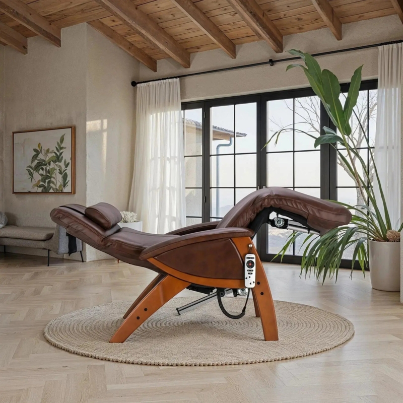 Zero Gravity Recliner Curved Wooden Chassis Brown Leather-Like