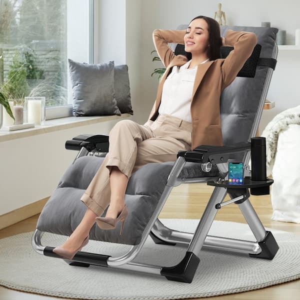 Zero Gravity Recliner with Smoke Blue Tufted Cushion & Integrated Tray