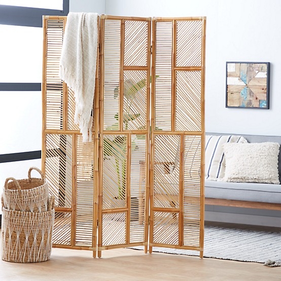 3-Panel Folding Room Divider with Mixed Geometric Wood Slat Pattern
