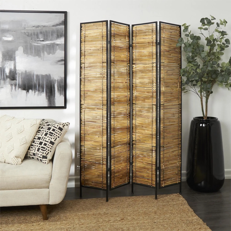 4-Panel Folding Room Divider with Rattan-Like Slats and Black Frame