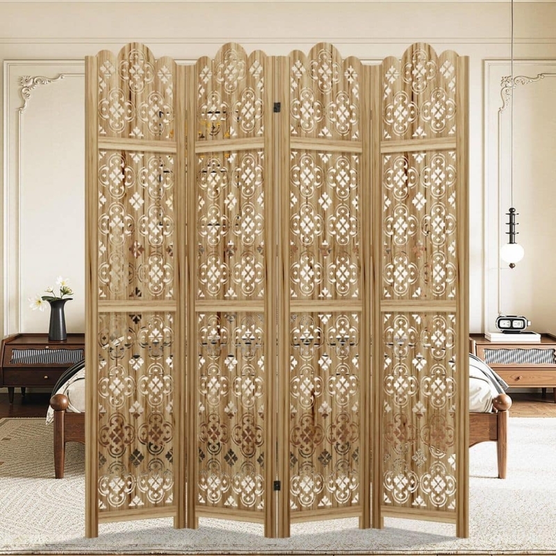 4-Panel Wood Room Divider Intricate Carved Folding Screen