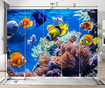 - 5 Panels Folding Screen Room Divider Tropical Fish Coral  Aquarium Canvas Screen Indoor Separator Freestanding Protective Wall Divider  Privacy Partition