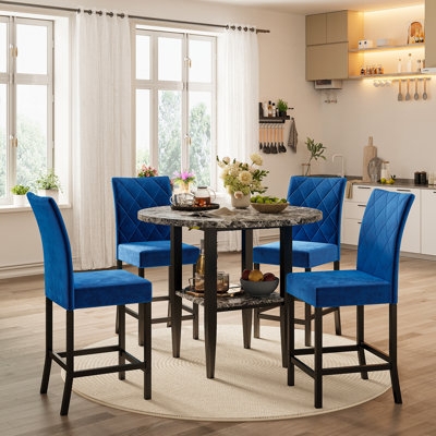 5-Piece Dining Set with Faux Marble Top and Navy Velvet Chairs