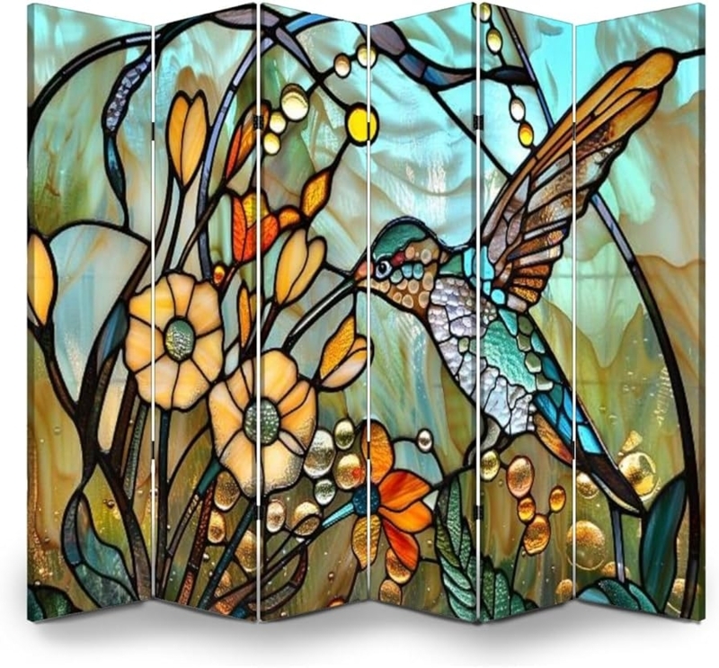 - 6 Panels Screen Room Divider Art Stained Glass Sipping from  Wildflowers Canvas Screen Indoor Folding Separator Freestanding Protective Wall  Divider Privacy Partition