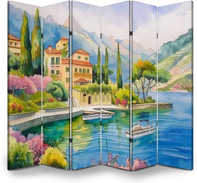 - 6 Panels Screen Room Divider Hand Drawn Watercolor Beautiful  Lake Scenery Landscape Blue Water pier Canvas Screen Indoor Folding  Separator Freestanding Protective Wall Divider Privacy Partition