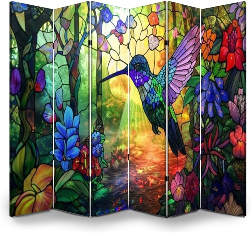 - 6 Panels Screen Room Divider Majestic Stained Glass Mural  Tropical Flowers Canvas Screen Indoor Folding Separator Freestanding  Protective Wall Divider Privacy Partition