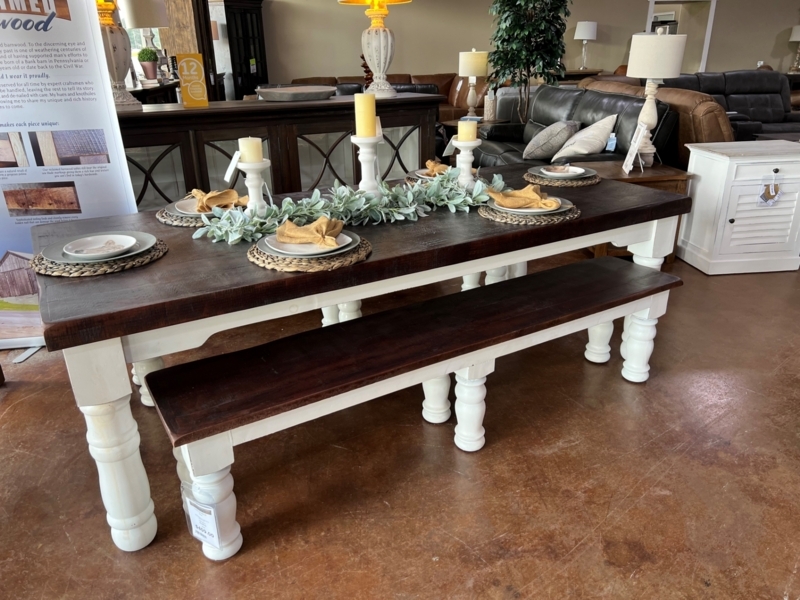 8-Foot Farmhouse Dining Set, Turned Legs, Two-Tone Finish