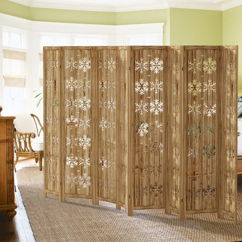 8-Panel Wood Room Divider Snowflake Cutout Privacy Screen