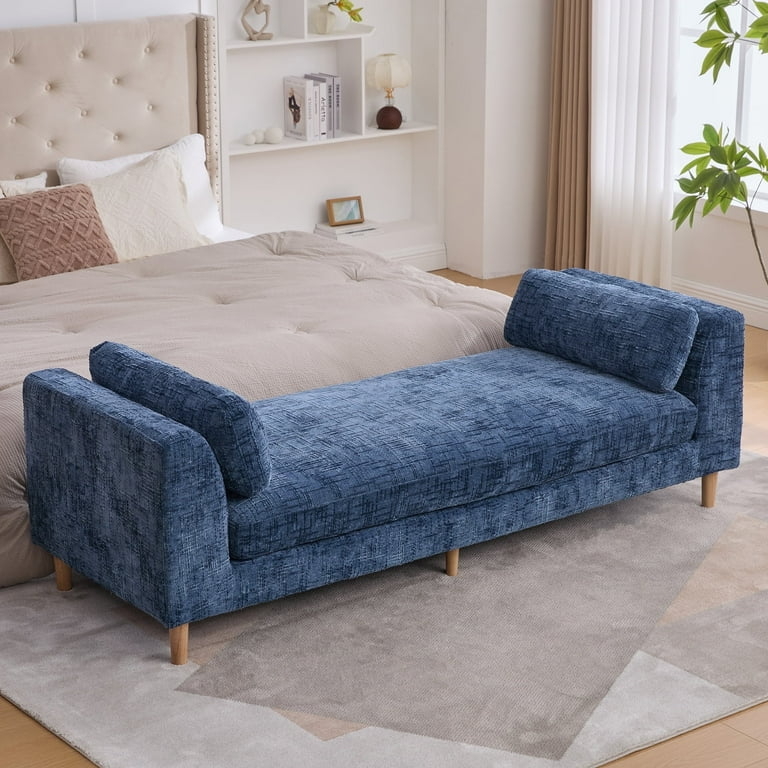 83.1"Wide Chenille Upholstered End of Bed Bench with Armrests - Blue