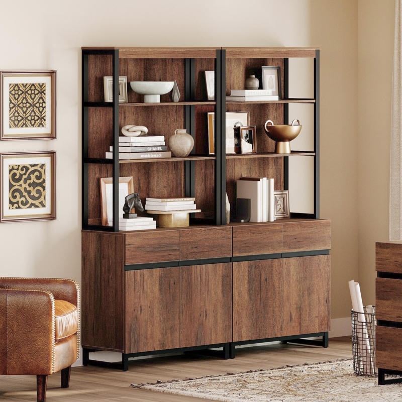 Aadam Modern 72" Tall Bookcases with Metal Base and Adjustable Shelves, Library Book Shelf with Storage Cabinet and Open Book Shelfs, Wood Bookshelves