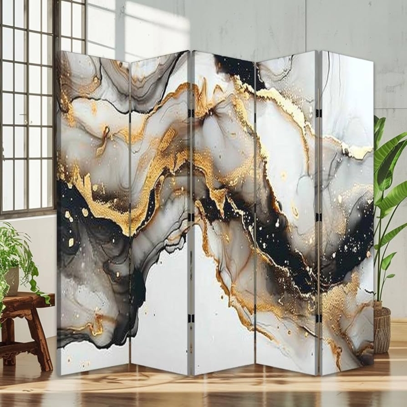 Abstract Gold Room Divider Black Fluid Art Five Panel Canvas Screen