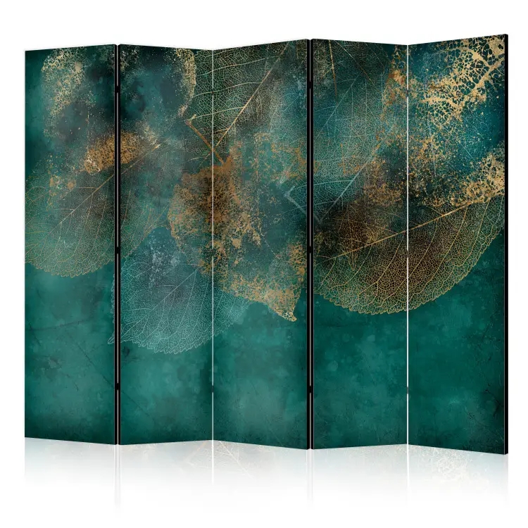 Abstract Leaf Room Divider Teal Gold Palette Leaf Skeleton Motif