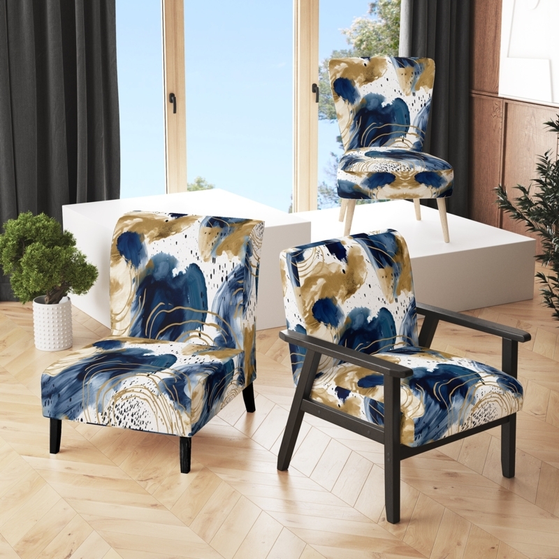 Abstract Pattern Slipper Chair Blue and Gold Armless