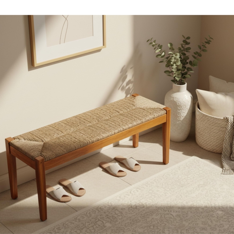 Acacia Wood Entryway Bench with Woven Seagrass Seat, Rustic Farmhouse