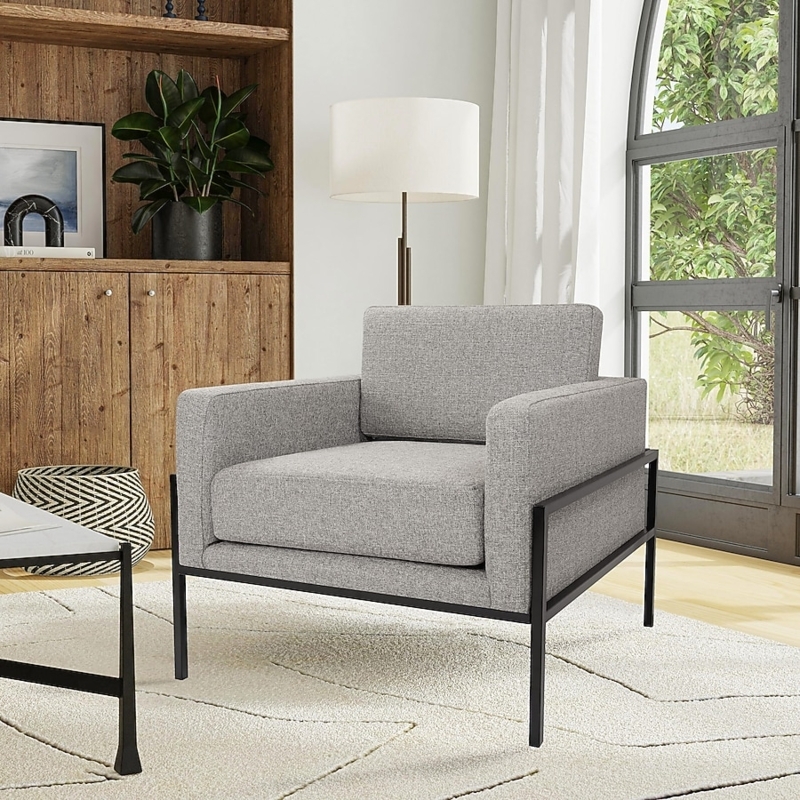 Accent Armchair Continuous Black Metal Frame Gray Woven Fabric