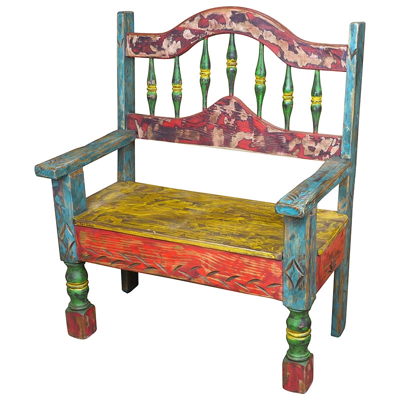 Accent Bench Rustic Distressed Teal Wood Arched Slat Back Southwestern